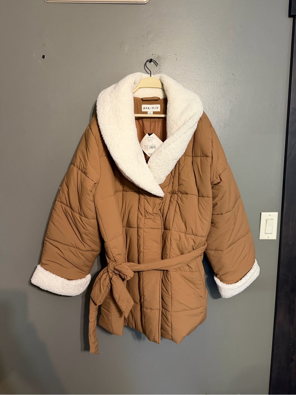 Ava & Viv Tan Belted Faux Shearling Puffer Jacket 3X NWT